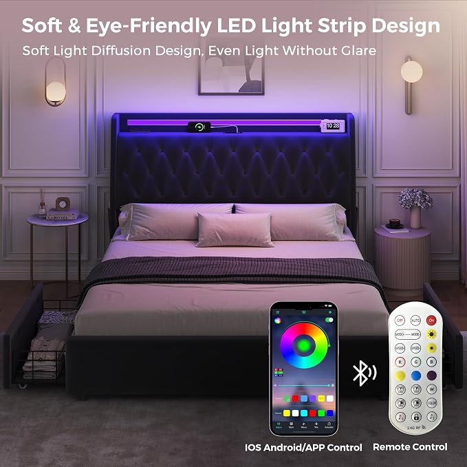 Queen LED Velvet Bed Frame - Image 7