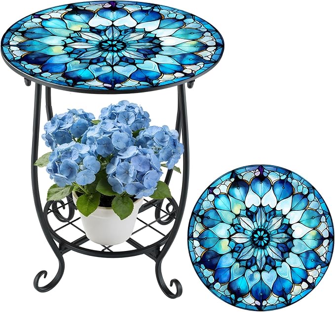 Cinnvoice Outdoor Side Table Round Small Mosaic Patio Accent Indoor End Plant by Cinnvoice