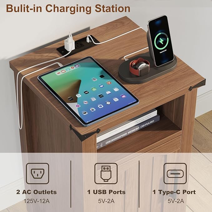 Farmhouse Nightstand with Charging Station, Rustic Bedside Table with Large - Image 4