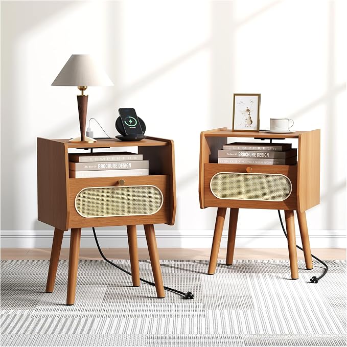 JOINICE Night Stand Set 2, Mid Century Modern Nightstands Drawer, Rattan by Joinice