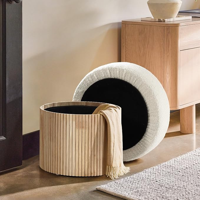 LuxenHome Storage Ottoman, 15.5"W x 15.5"H Modern Upholstered Padded Ivory - Image 3