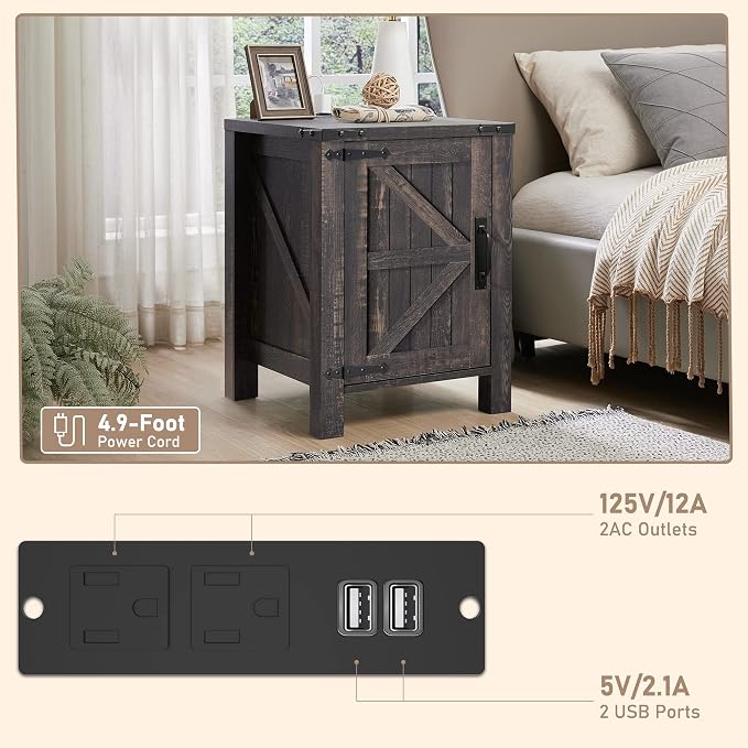 OKD Nightstand with Charging Station, 18 Inch Farmhouse End Table with Barn - Image 7