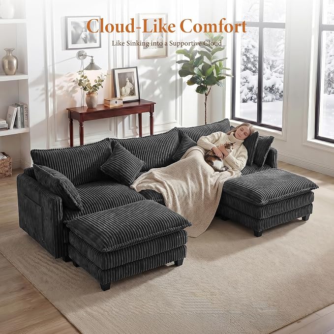 Vesgantti 109" U Shaped Cloud Sectional Sofa, Comfy Corduroy Upholstered - Image 5