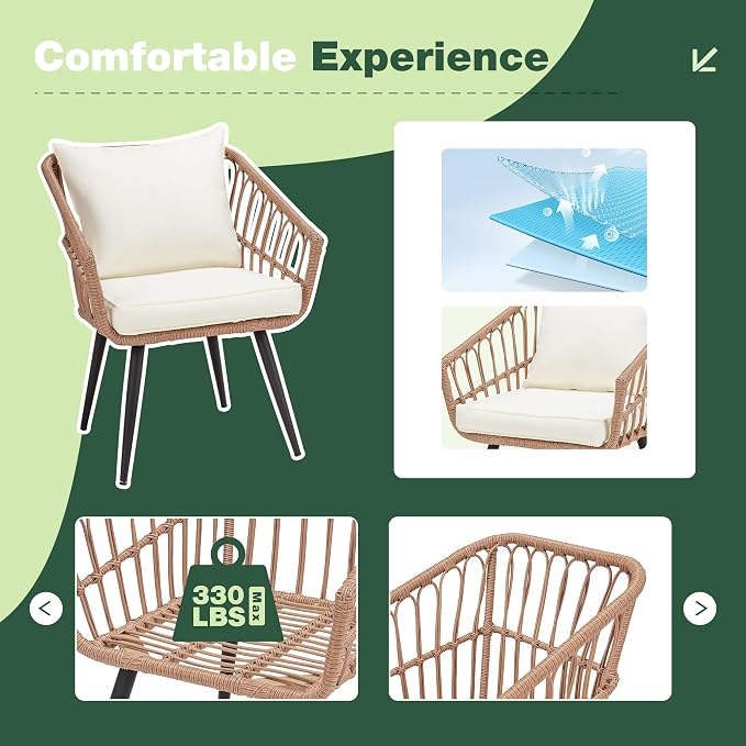 ECOTOUGE 3 Piece Wicker Patio Bistro Set, Outdoor Rattan Dining Set - Image 3