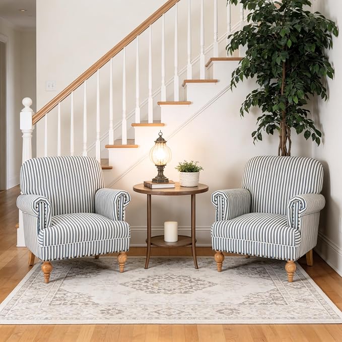 Blue Striped Linen Fabric Accent Chairs Set of 2, Coastal Upholstered Armchairs - Image 7