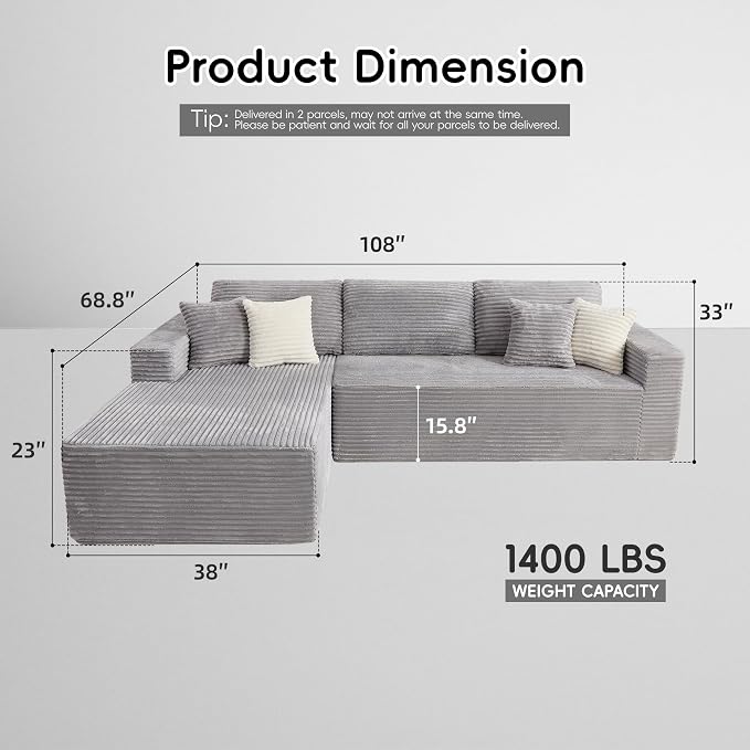 108" Boneless Couch, L-Shaped Modular Sectional Sofa - Image 2