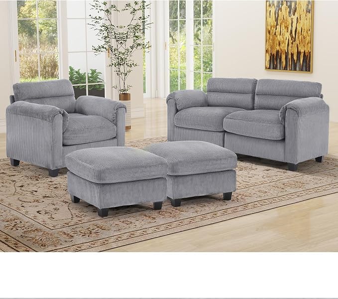 HAOMARKETS Corduroy 4-Piece Sofa Set, Upholstered Ottoman Set of 2, Accent by HAOMARKETS