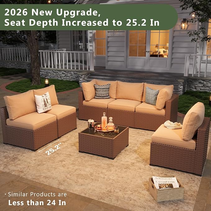 Aoxun 7 Piece Patio Furniture Set, Wicker Patio Sectional Sofa, Outdoor - Image 2