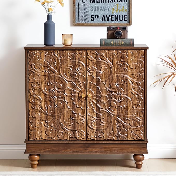 weselon Accent Cabinet Set of 2, Farmhouse Carved Storage Sideboard Buffet - Image 7