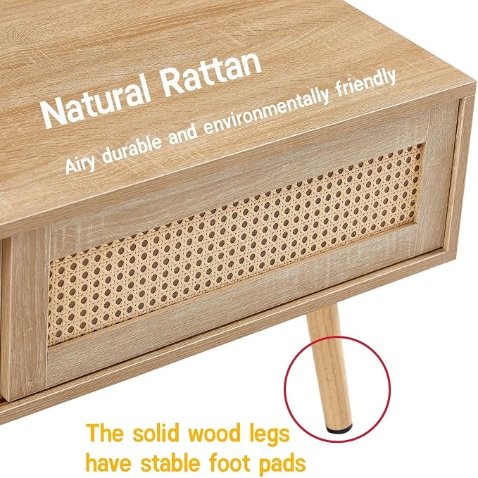 Rattan Center Table and Nightstand Set, 3-Piece Wood Living Room Table Set - Image 6