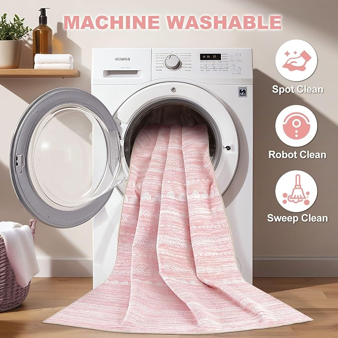 Nakagishi Pink Rugs for Bedroom Girls: 4x6 Washable Boho Large Neutral Area Rug - Image 2