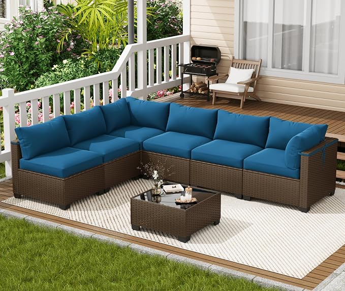 LOUVIXA 7 Piece Outdoor Patio Furniture Set, Outdoor Sectional Sofa, Wicker - Image 3