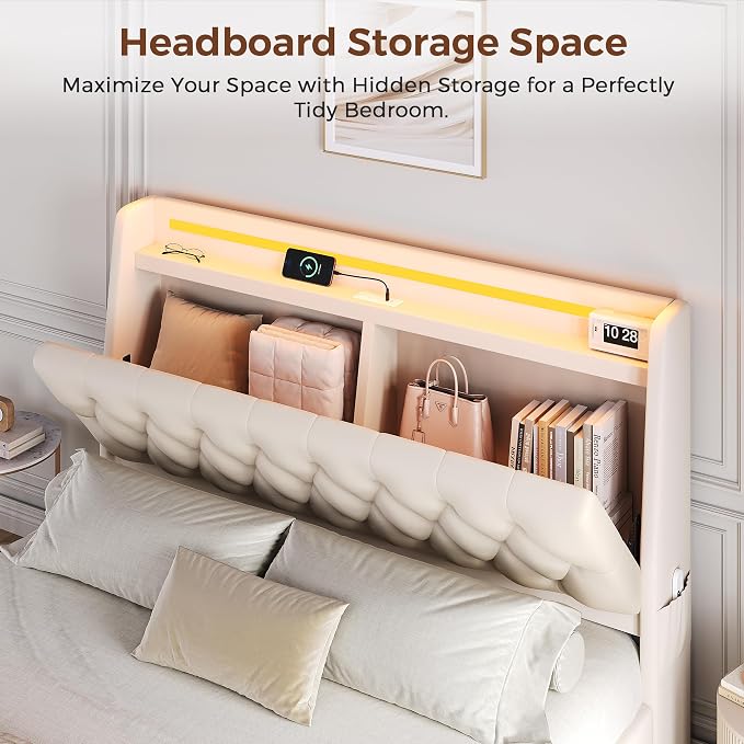 Full LED Velvet Bed Frame with 2 Storage Drawers&Hidden Headboard, Upholstered - Image 4