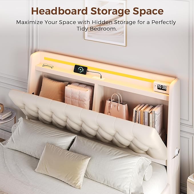 Full LED Velvet Bed Frame with 2 Storage Drawers&Hidden Headboard, Upholstered - Image 3