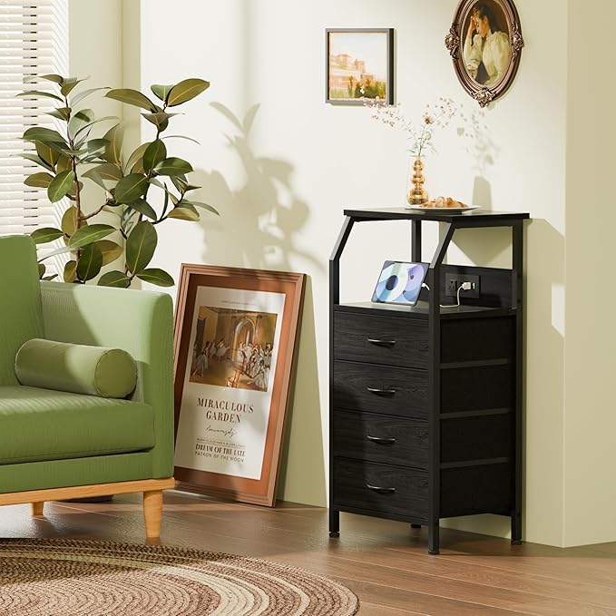 Furnulem Night Stand with Charging Station, 4 Drawer Dresser with Storage Shelf - Image 4