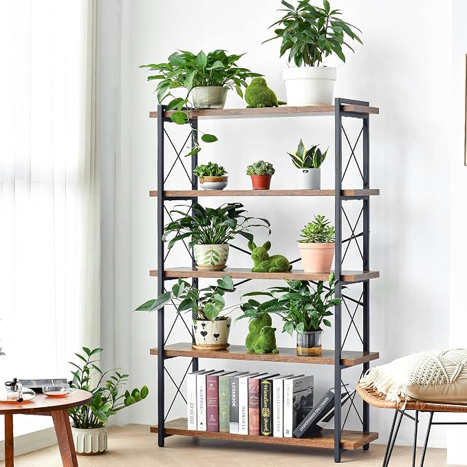 HCHQHS Bookshelf, 5-Tier Industrial Bookcase, Rustic Open Book Shelf, - Image 5