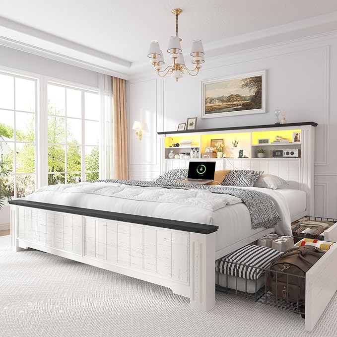 EnHomee Queen Bed Frame with Headboard and Storage, 4 Drawers and LED Built in by EnHomee