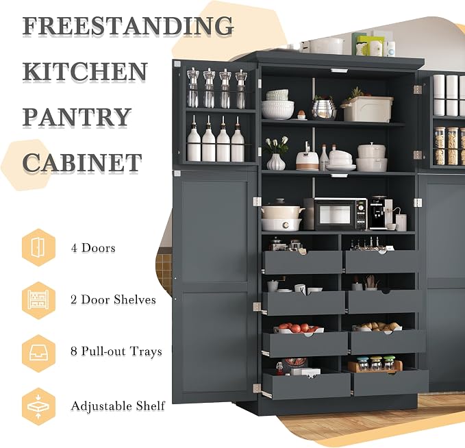 VilroCaz Freestanding Kitchen Pantry Tall Storage Cabinet, Wooden Kitchen - Image 5