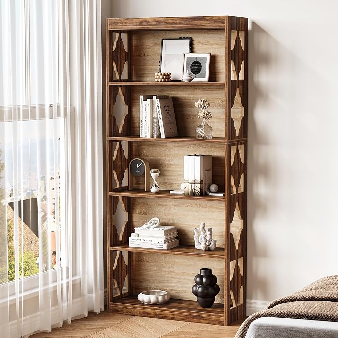 LITTLE TREE 69.9" Vintage Bookshelf, 5-Tier Tall Bookshelves, Cutout Design by LITTLETREE
