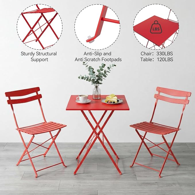 GarveeLife 3 Piece Patio Bistro Set, Folding Patio Bistro Table and Chairs Set - Image 6