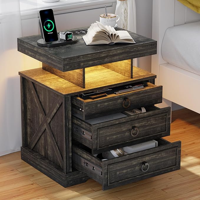 HNEBC Nightstand with Gun Drawers, LED Farmhouse Night Stand with Charging by HNEBC