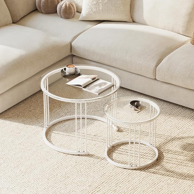 Garden 4 you Nesting Coffee Table, 23.6" Round Coffee Table Set of 2, Glass - Image 4