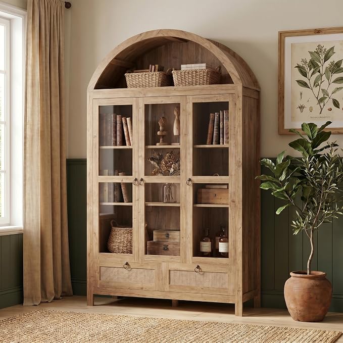 TYBOATLE 75'' Arched Cabinet Classic Farmhouse Design w/Three Glass Doors - Image 9