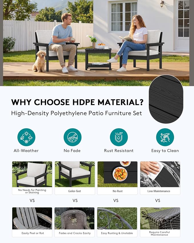 SERWALL HDPE Patio Sofa Set, 3-piece Sectional Outdoor Furniture Set, All - Image 3