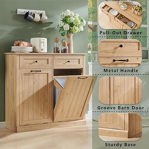 IFGET Double Tilt Out Trash Cabinet, 20 Gallon Farmhouse Laundry Hamper Cabinet - Image 3