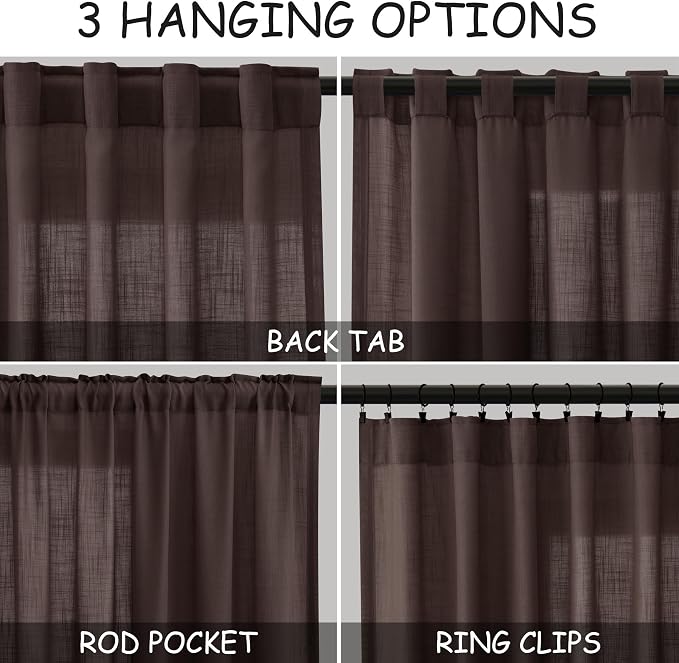 Coffee Linen Semi Sheer Curtains 120 Inches Long 2 Panels Set Back Tab Loop - Image 3