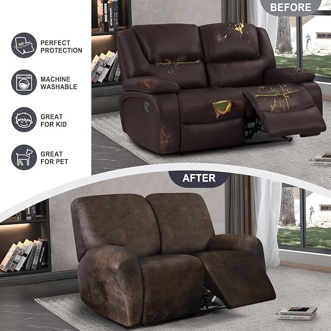 ANARACHON Leather Look Loveseat Recliner Cover, 6-Pieces Stretch Dual Recliner - Image 6