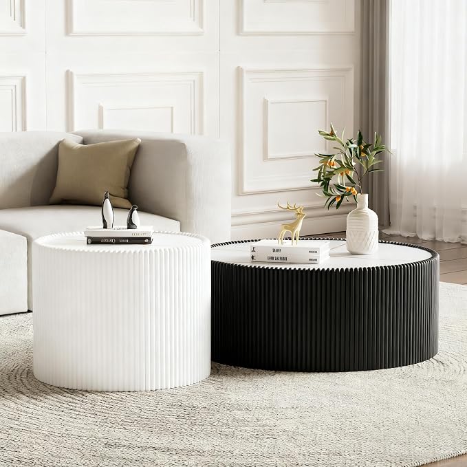 SSLine Round Drum Coffee Table Set of 2 Modern Sintered Stone Top Nesting - Image 3