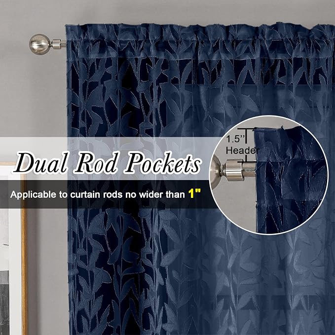 Lecloud Leia Navy Blue Sheer Curtains 84 Inches Long 2 Panels, Airy Leaf - Image 4