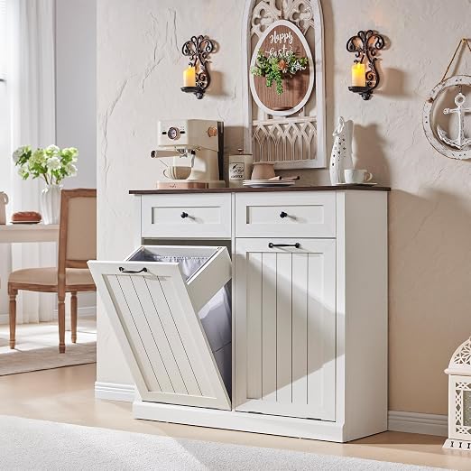 IFGET Double Tilt Out Trash Cabinet, 20 Gallon Farmhouse Laundry Hamper Cabinet by IFGETEnrichYourLivingSpace