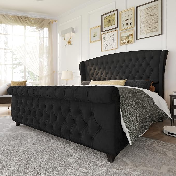AMERLIFE California King Size Platform Bed Frame, Velvet Upholstered Sleigh Bed by AMERLIFE