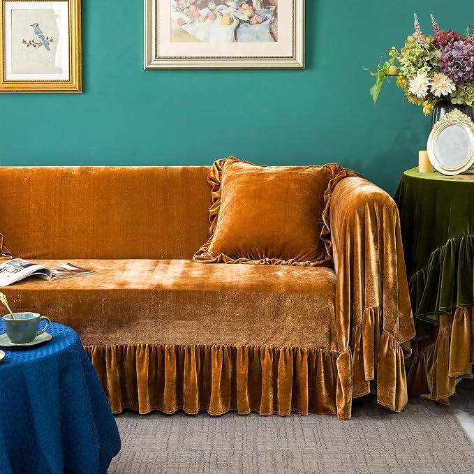 Velvet Sofa Cover Soft Decorative Luxurious Solid Exquisite Ruffle Trim - Image 5