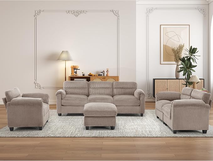 HAOMARKETS Corduroy Sofa Set, Upholstered Ottoman, and 3-Seater Couch by HAOMARKETS