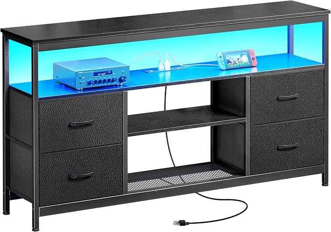 Huuger TV Stand Dresser with Power Outlets and LED Lights, 4 Drawers by Huuger