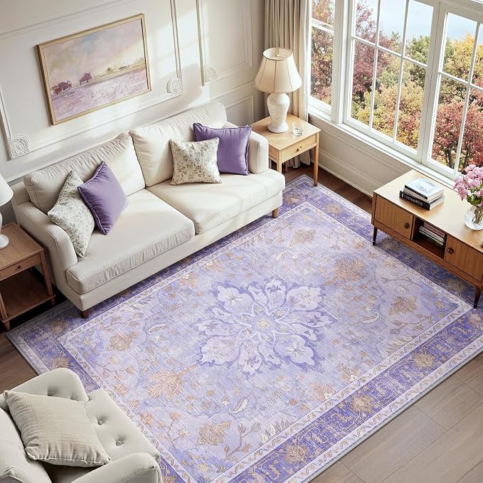 RELEANY Area Rugs 6'x8' Washable Non-Slip, Floral Vintage Distress Print by RELEANY