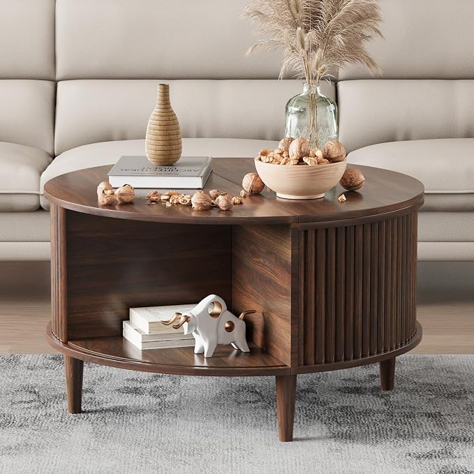 Round Coffee Table with Storage, Fluted Lift Top Coffee Table - Image 3