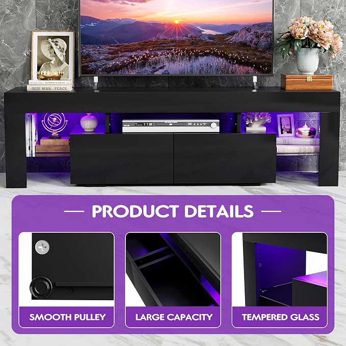 JUMMICO TV Stand, Modern Lighting TV Cabinet Entertainment Center Media and - Image 5