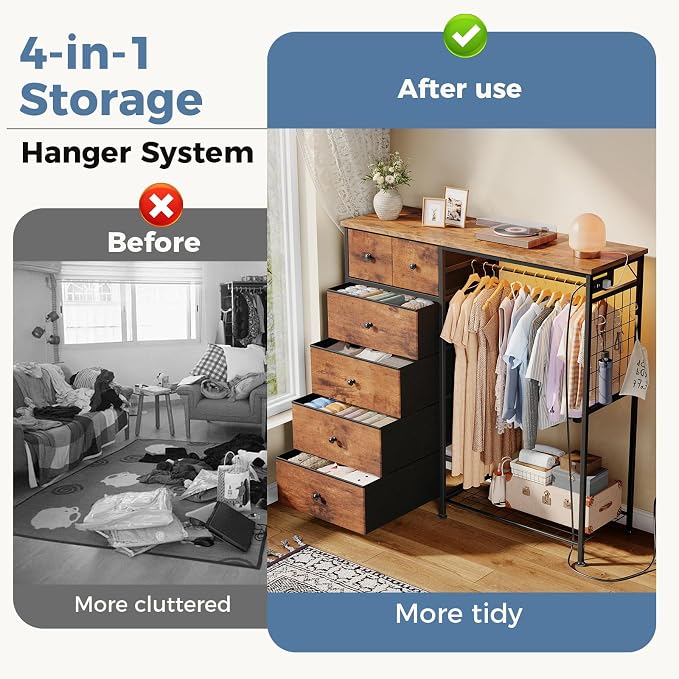 DUMOS Dresser for Bedroom with Hanging Rack, 6 Drawer Fabric Dresser with - Image 4