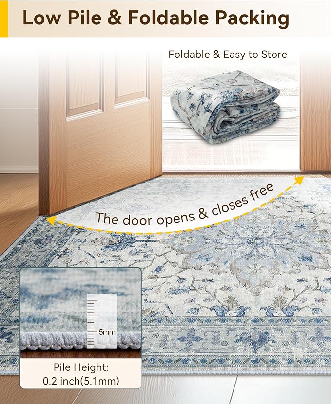 Area Rugs Square 6ft Washable Non-Slip, Floral Vintage Distress Print Pattern - Image 4