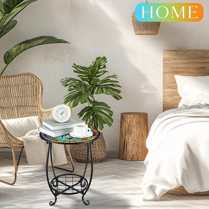 Cinnvoice Outdoor Side Table Round Small Mosaic Patio Accent Indoor End Plant - Image 5