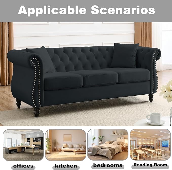 80" 2 Piece 3-Seater Velvet Chesterfield Sofa - Image 3