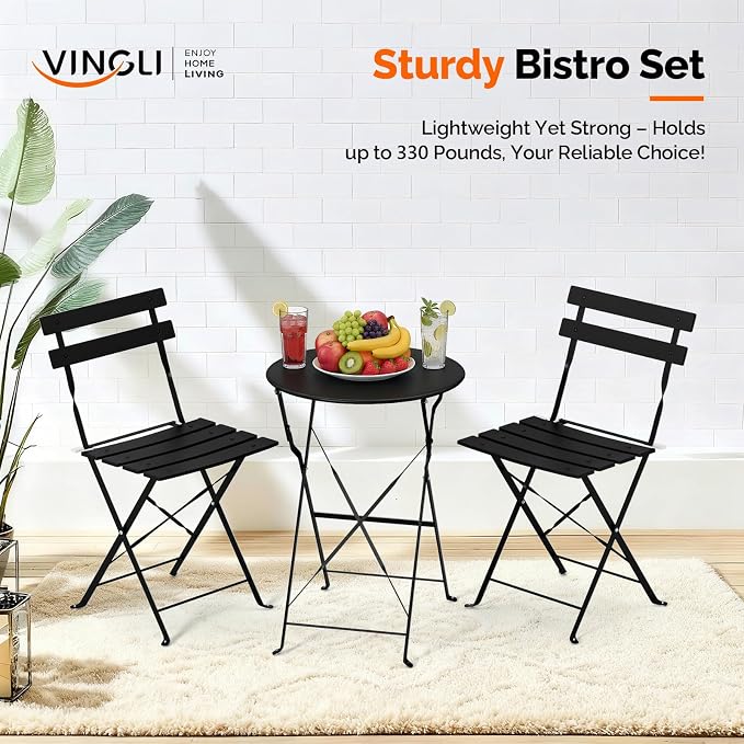 VINGLI Outdoor Folding Bistro Table and Chairs Set of 2, 3-Piece Bistro Set - Image 3