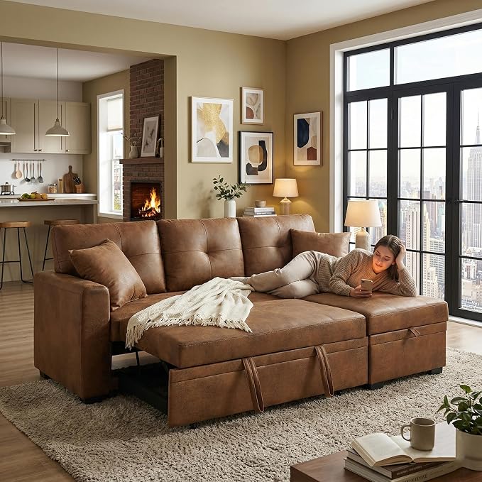 L Shaped Sectional Couch with Storage and Pull Out Bed, 3 Seater Sleeper Sofas - Image 4