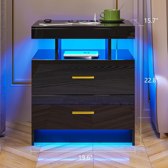 HNEBC Nightstand Set of 2 with Charging Station, Auto LED Night Stand with - Image 2