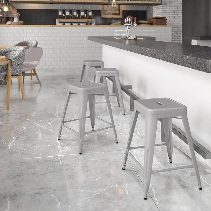 Flash Furniture Kai Commercial Grade 24" High Backless Silver Metal - Image 2