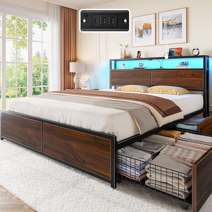Rolanstar Queen Bed Frame with 4 Storage Drawers, Charging Station and LED by Rolanstar